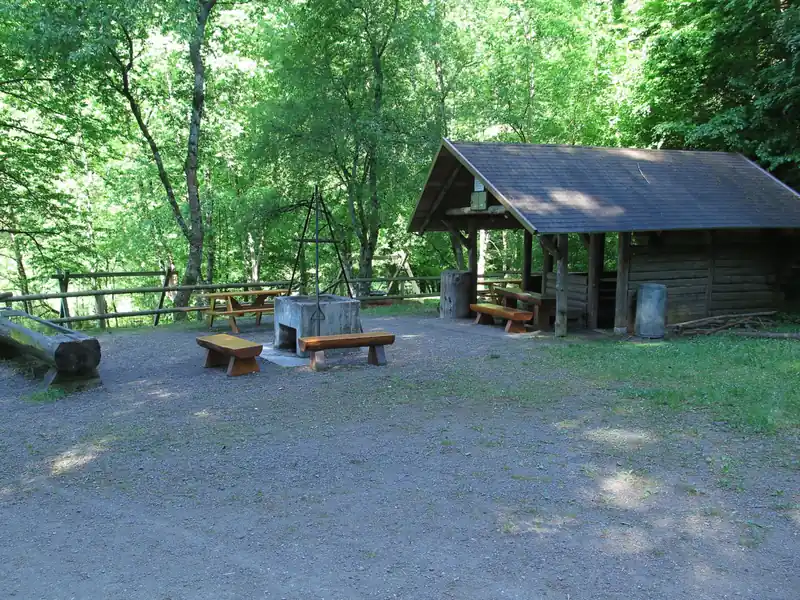 Grillstelle Dobelmatte bei Stegen mit Schutzhütte, Bänken und Feuerstelle am Waldrand
